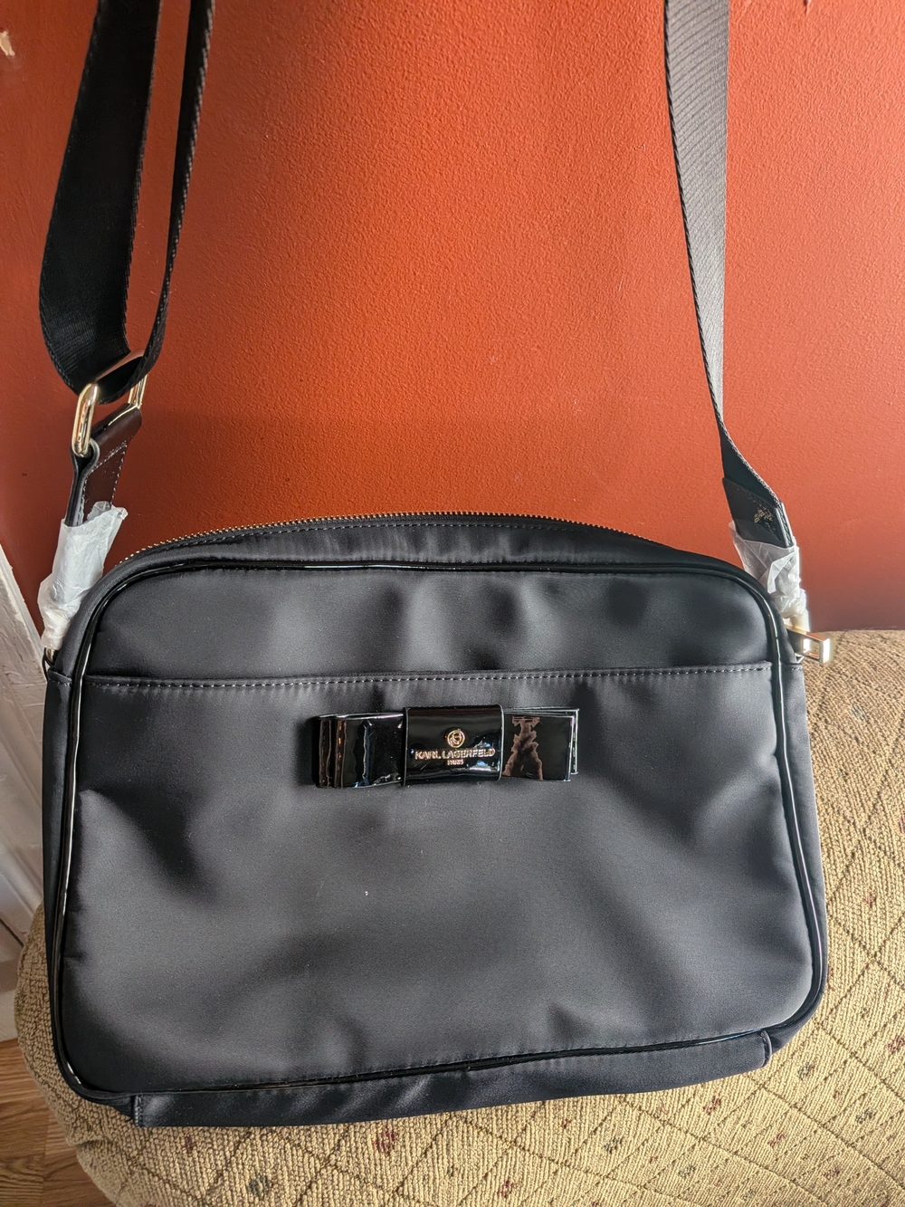 Karl Lagerfeld Black Nylon Crossbody with Glossy Bow Plaque